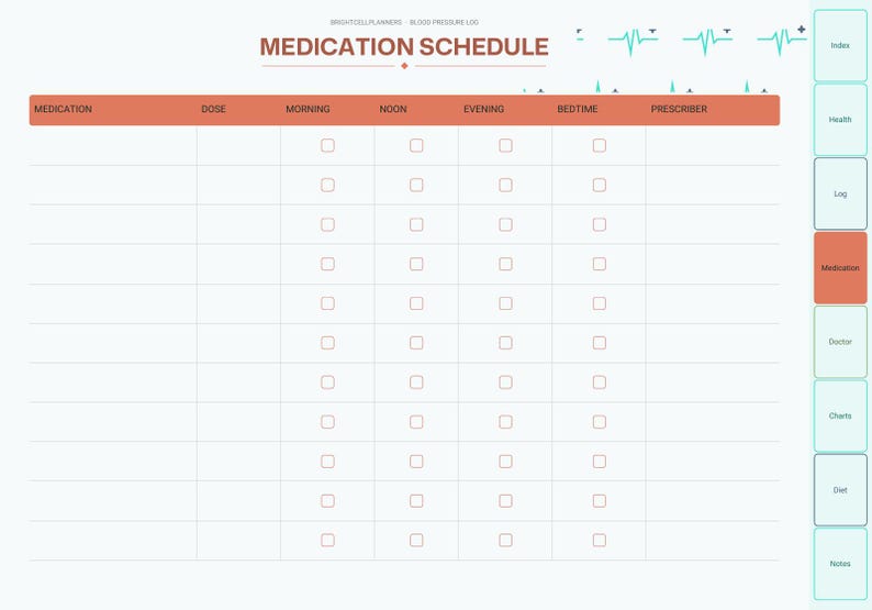 May include: A digital medication schedule planner page featuring a header with the text MEDICATION SCHEDULE. The layout includes columns for medication, dose, morning, noon, evening, bedtime, and prescriber, with checkboxes for tracking.