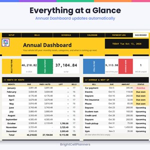 K&ouml;nnte beinhalten: Eine digitale Jahres-Dashboard-Planer-Oberfl&auml;che mit dem Titel Everything at a Glance. Sie enth&auml;lt gelbe, schwarze und wei&szlig;e Bereiche, die Finanzdaten, monatliche Rechnungsverfolgung und eine Liste &uuml;berf&auml;lliger Zahlungen anzeigen.