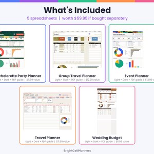 May include: A digital collection of five spreadsheets titled Bachelorette Party Planner, Group Travel Planner, Event Planner, Travel Planner, and Wedding Budget, featuring colorful charts, data tables, and financial tracking layouts.
