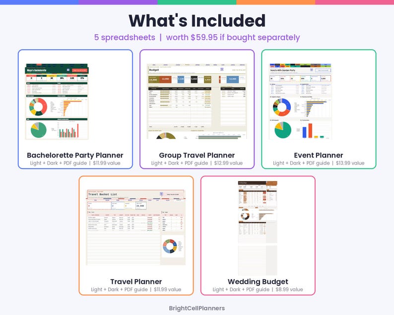 May include: A digital collection of five spreadsheets titled Bachelorette Party Planner, Group Travel Planner, Event Planner, Travel Planner, and Wedding Budget, featuring colorful charts, data tables, and financial tracking layouts.