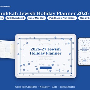May include: A digital 2026-27 Jewish Holiday Planner displayed on a tablet and smartphone screen against a blue background. The planner features a white cover with blue star patterns, text reading 2026-27 Jewish Holiday Planner, and 41 pages.