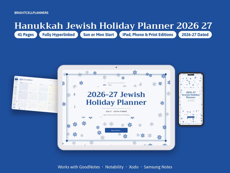 May include: A digital 2026-27 Jewish Holiday Planner displayed on a tablet and smartphone screen against a blue background. The planner features a white cover with blue star patterns, text reading 2026-27 Jewish Holiday Planner, and 41 pages.