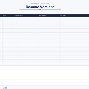 May include: A digital planner page titled Resume Versions with a dark blue header containing columns for Version, Date, Tailored For, Key Changes, and File Name. Below the main table is a section for Notes. A sidebar lists navigation tabs.