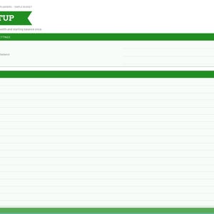 Puede incluir: Una p&aacute;gina de planificador digital para 2027 titulada SETUP con un encabezado verde. El dise&ntilde;o incluye secciones para Your Settings con campos para Month, Starting balance y Today, seguidas de una gran secci&oacute;n de notas con l&iacute;neas y una barra lateral.