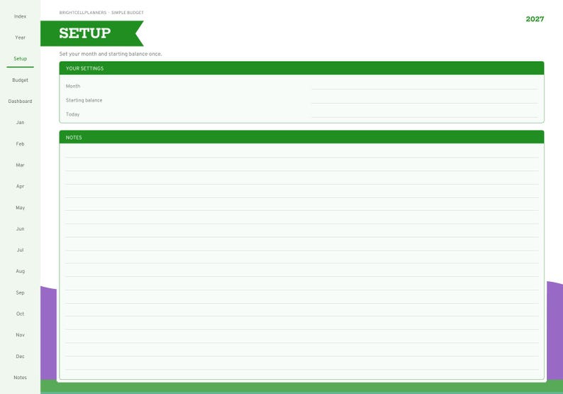 Puede incluir: Una p&aacute;gina de planificador digital para 2027 titulada SETUP con un encabezado verde. El dise&ntilde;o incluye secciones para Your Settings con campos para Month, Starting balance y Today, seguidas de una gran secci&oacute;n de notas con l&iacute;neas y una barra lateral.