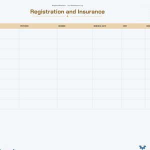 May include: A digital car maintenance log page titled Registration and Insurance with columns for item, provider, number, renewal date, cost, and done. The right side features a vertical navigation tab menu with labels including Index, Vehicle, Service, Oil, Fuel, Tires, Repairs, Registration, and Notes.