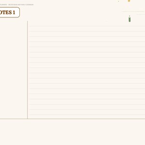 May include: A digital planner page titled NOTES 1 with a cream background. The left sidebar lists Index, Categories, Recipes, Cards, Stories, Conversions, Favorites, and Notes. The main area features horizontal lines for writing.
