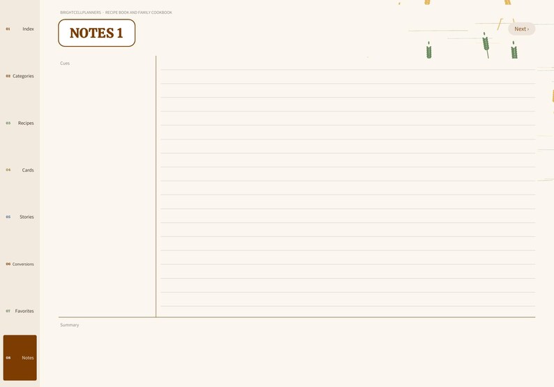 May include: A digital planner page titled NOTES 1 with a cream background. The left sidebar lists Index, Categories, Recipes, Cards, Stories, Conversions, Favorites, and Notes. The main area features horizontal lines for writing.