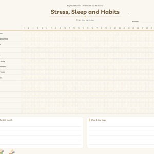 May include: A digital planner page titled Stress, Sleep and Habits with a grid for tracking daily activities. The layout includes a sidebar with navigation tabs, a monthly habit tracker, and two sections at the bottom for notes and wins.