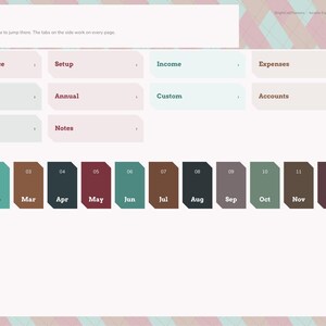 Op de afbeelding: Een digitale planner-indexpagina met een navigatiemenu met tegels gelabeld Year at a glance, Setup, Income, Expenses, Monthly, Annual, Custom, Accounts, Retrospective en Notes, met daaronder twaalf maandelijkse tabbladen van Jan tot Dec.