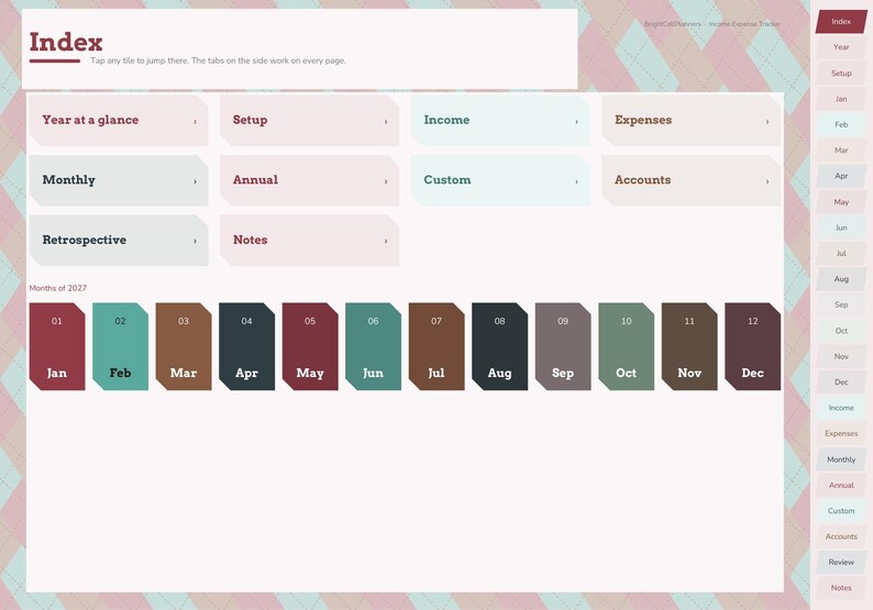 Op de afbeelding: Een digitale planner-indexpagina met een navigatiemenu met tegels gelabeld Year at a glance, Setup, Income, Expenses, Monthly, Annual, Custom, Accounts, Retrospective en Notes, met daaronder twaalf maandelijkse tabbladen van Jan tot Dec.