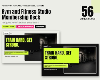 Może przedstawiać: Cyfrowy szablon prezentacji dla siłowni i studiów fitness zawierający 56 unikalnych slajdów. Projekt obejmuje jasne i ciemne motywy z pogrubionym tekstem Train Hard. Get Strong. oraz miejscami na dane dotyczące siłowni.
