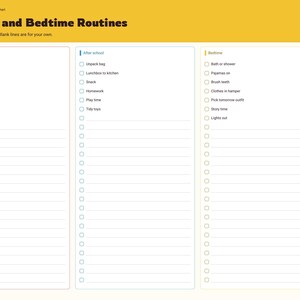May include: A digital chore chart titled Morning and Bedtime Routines with three columns for Morning, After school, and Bedtime tasks. The layout includes checkboxes and blank lines for custom entries, with a side navigation menu on the right.