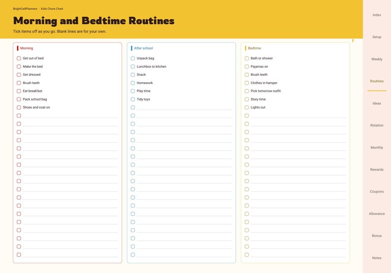 May include: A digital chore chart titled Morning and Bedtime Routines with three columns for Morning, After school, and Bedtime tasks. The layout includes checkboxes and blank lines for custom entries, with a side navigation menu on the right.