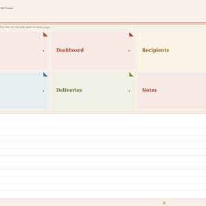 Puede incluir: Una p&aacute;gina de planificador digital para el seguimiento de regalos de Navidad con un &iacute;ndice de seis casillas rectangulares etiquetadas como Setup, Dashboard, Recipients, Gifts, Deliveries y Notes. Incluye pesta&ntilde;as de navegaci&oacute;n verticales y una secci&oacute;n rayada para notas r&aacute;pidas.