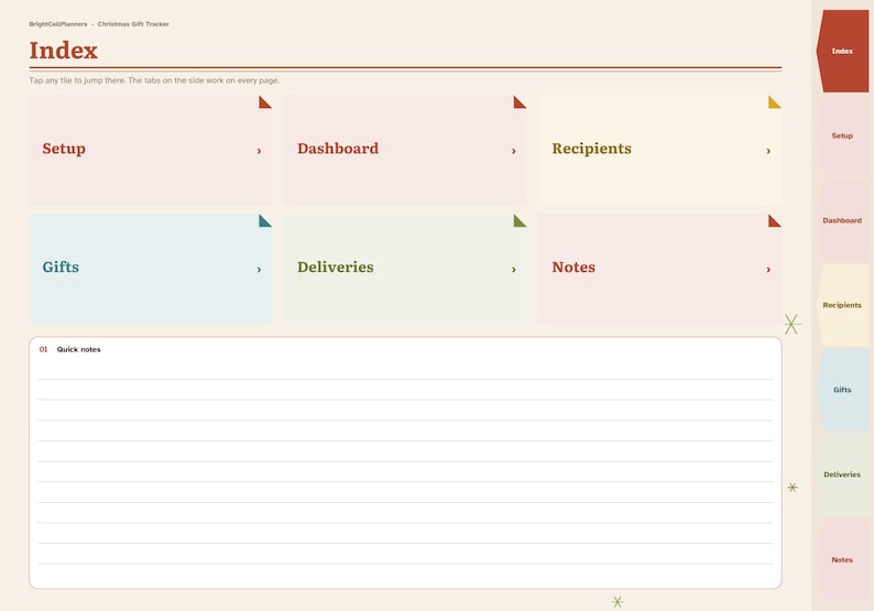 Puede incluir: Una p&aacute;gina de planificador digital para el seguimiento de regalos de Navidad con un &iacute;ndice de seis casillas rectangulares etiquetadas como Setup, Dashboard, Recipients, Gifts, Deliveries y Notes. Incluye pesta&ntilde;as de navegaci&oacute;n verticales y una secci&oacute;n rayada para notas r&aacute;pidas.
