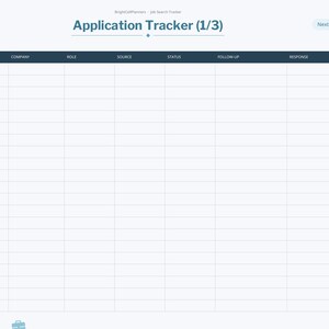 May include: A digital application tracker page with a dark blue header containing columns for date, company, role, source, status, follow-up, and response. The layout includes a sidebar with navigation tabs for index, search, applications, interview, networking, resumes, offers, and notes.