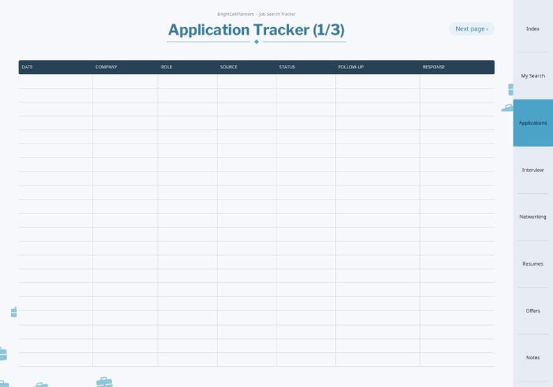 May include: A digital application tracker page with a dark blue header containing columns for date, company, role, source, status, follow-up, and response. The layout includes a sidebar with navigation tabs for index, search, applications, interview, networking, resumes, offers, and notes.
