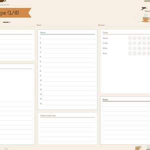 Puede incluir: Una p&aacute;gina de diario de preparaci&oacute;n de caf&eacute; digital titulada Brew Recipe (1/6) con secciones para m&eacute;todo, pasos, calificaciones de sabor y notas. El dise&ntilde;o incluye casillas de verificaci&oacute;n para dosis, agua, proporci&oacute;n, molienda y tiempo.