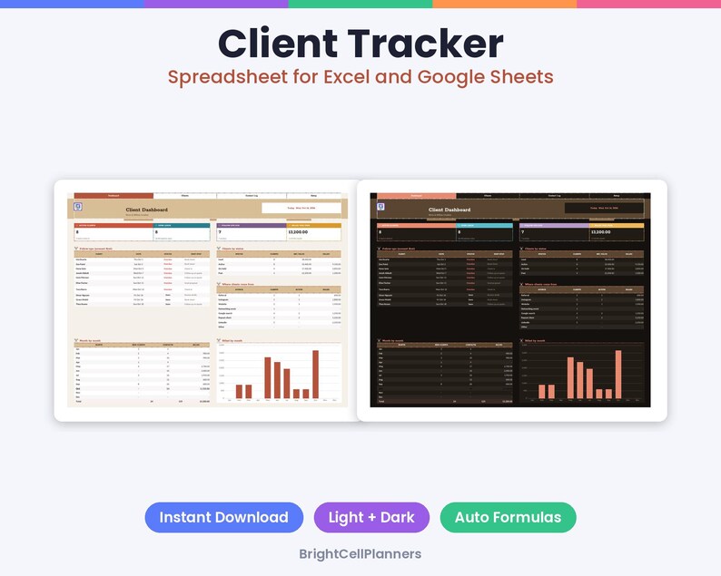 May include: A digital client tracker spreadsheet for Excel and Google Sheets featuring light and dark mode dashboards with tables, charts, and financial data. Text includes Client Tracker, Spreadsheet for Excel and Google Sheets, Instant Download, Light + Dark, Auto Formulas, and BrightCellPlanners.