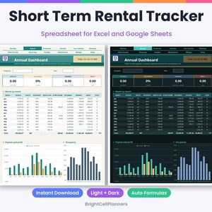 May include: A Short Term Rental Tracker spreadsheet for Excel and Google Sheets featuring an Annual Dashboard with light and dark mode options. The interface displays financial data, occupancy rates, and bar charts for property management analysis.