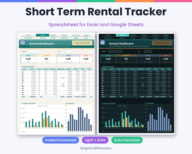 May include: A Short Term Rental Tracker spreadsheet for Excel and Google Sheets featuring an Annual Dashboard with light and dark mode options. The interface displays financial data, occupancy rates, and bar charts for property management analysis.