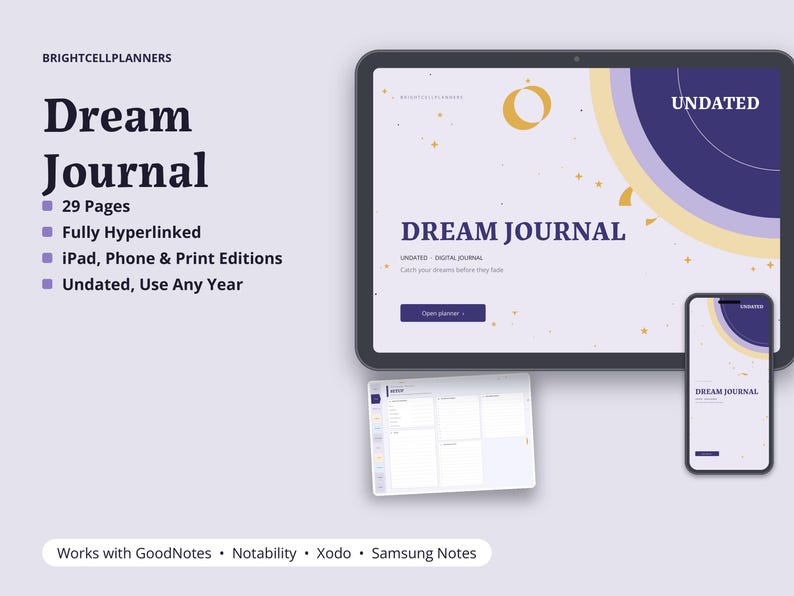 Digital Dream Journal, Tablet Dream Diary PDF, Lucid Dreaming Log, Dream Symbols Dictionary, Hyperlinked Undated Journal image 1
