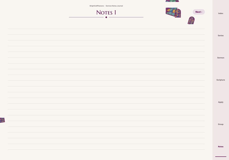 May include: A digital journal page titled Notes 1 with horizontal lines for writing. The right sidebar features navigation tabs labeled Index, Series, Sermon, Scripture, Apply, Group, and Notes. Stained glass window icons appear at the top.