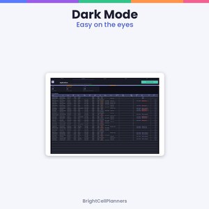 May include: A digital tablet screen displaying a software interface in dark mode with the text Dark Mode Easy on the eyes at the top and BrightCellPlanners at the bottom. The screen shows a detailed data table with rows and columns.