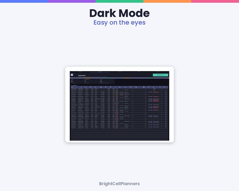 May include: A digital tablet screen displaying a software interface in dark mode with the text Dark Mode Easy on the eyes at the top and BrightCellPlanners at the bottom. The screen shows a detailed data table with rows and columns.