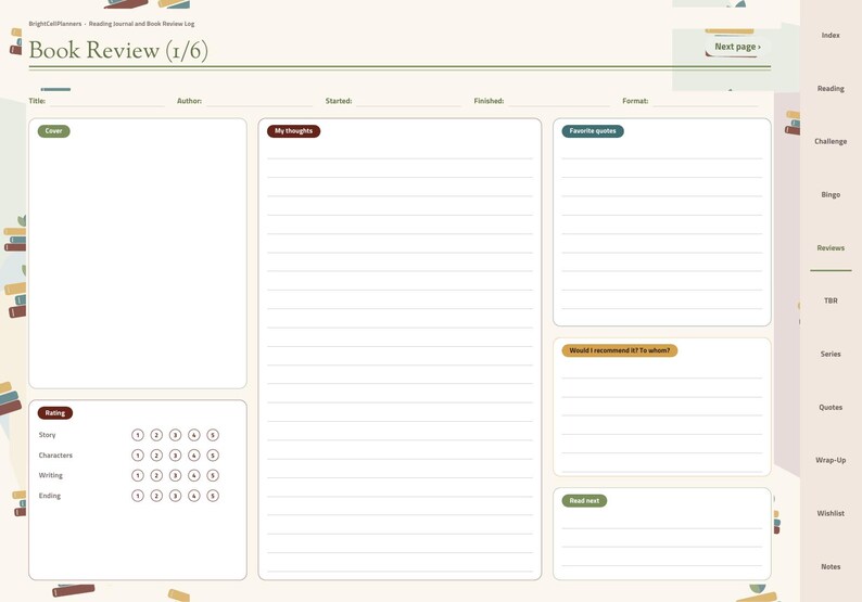May include: A digital book review planner page titled Book Review (1/6) with sections for Title, Author, Started, Finished, Format, Cover, My Thoughts, Favorite quotes, Rating, Would I recommend it? To whom?, and Read next.