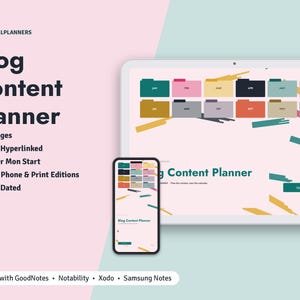 May include: A digital blog content planner for 2027 displayed on a tablet and smartphone. The interface features colorful monthly folder tabs, 27 pages, and is fully hyperlinked. Text includes Brightcellplanners, Blog Content Planner, and compatibility with GoodNotes, Notability, Xodo, and Samsung Notes.