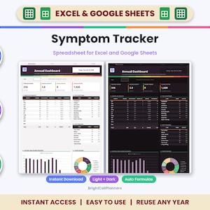 Puede incluir: Una hoja de c&aacute;lculo digital de seguimiento de s&iacute;ntomas para Excel y Google Sheets con un panel anual en modo claro y oscuro. La interfaz muestra tablas de datos, gr&aacute;ficos de barras y gr&aacute;ficos circulares para m&eacute;tricas de salud.