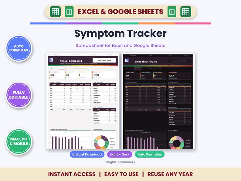 Puede incluir: Una hoja de c&aacute;lculo digital de seguimiento de s&iacute;ntomas para Excel y Google Sheets con un panel anual en modo claro y oscuro. La interfaz muestra tablas de datos, gr&aacute;ficos de barras y gr&aacute;ficos circulares para m&eacute;tricas de salud.