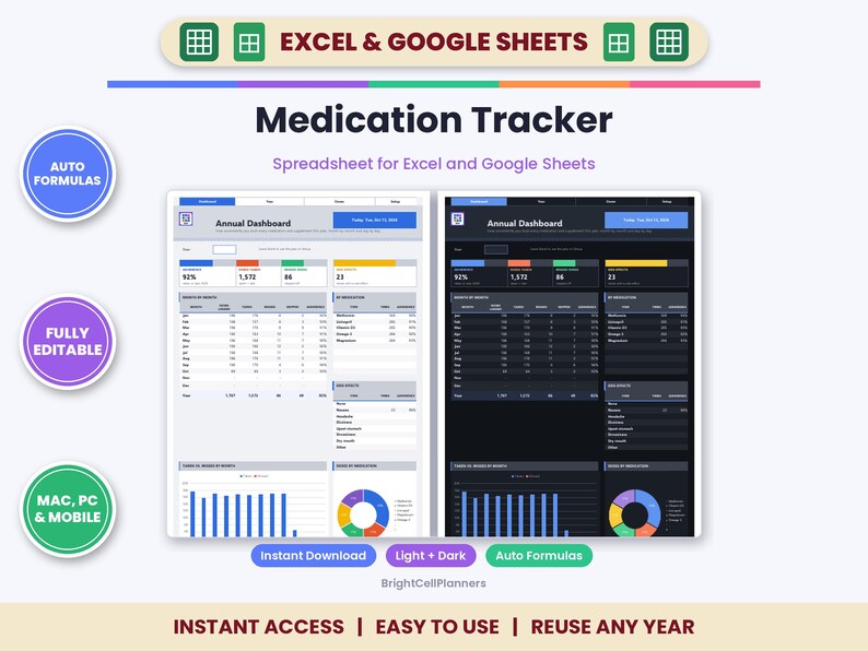 Hoja de cálculo para el seguimiento de la medicación en Excel y Google Sheets: registro diario de dosis y horario de medicamentos. imagen 1