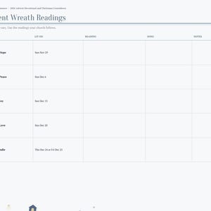 May include: A digital planner page titled Advent Wreath Readings with a table for tracking weekly candle lighting dates, scripture readings, songs, and notes. The layout includes columns for Candle, Lit On, Reading, Song, and Notes, with rows for Week 1 Hope through Christ candle.