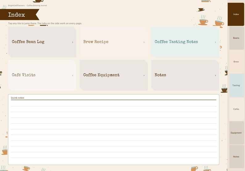 Puede incluir: Una p&aacute;gina de &iacute;ndice de diario de preparaci&oacute;n de caf&eacute; digital que presenta una cuadr&iacute;cula de mosaicos de navegaci&oacute;n etiquetados como Coffee Bean Log, Brew Recipe, Coffee Tasting Notes, Caf&eacute; Visits, Coffee Equipment y Notes, con una secci&oacute;n de notas r&aacute;pidas rayadas.