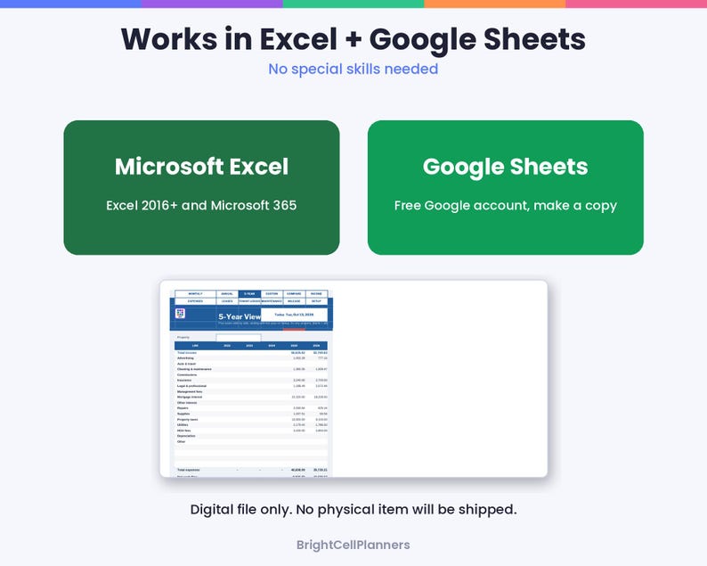 Op de afbeelding: Een digitaal spreadsheet-sjabloon compatibel met Microsoft Excel 2016+, Microsoft 365 en Google Sheets. De afbeelding toont een tabel met een financieel overzicht van 5 jaar, software-compatibiliteitspictogrammen en de tekst Works in Excel + Google Sheets.