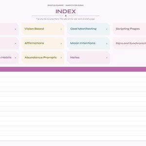 May include: A digital manifestation journal index page titled INDEX with navigation tiles for Setup, Vision Board, Goal Manifesting, Scripting Pages, 369 Method, Affirmations, Moon intentions, Signs and Synchronicities, Manifestation Habits, Abundance Prompts, and Notes, plus a Quick Notes lined section.