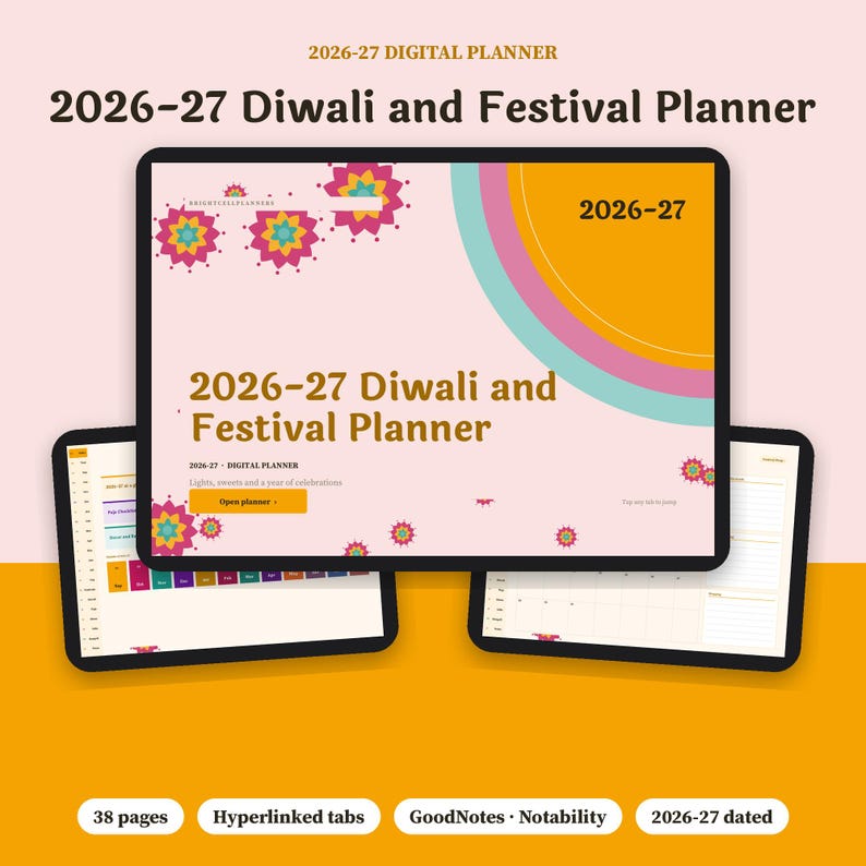 Pu&ograve; includere: Un'agenda digitale 2026-27 visualizzata su tre schermi di tablet. La copertina presenta uno sfondo rosa chiaro con motivi floreali colorati, un grafico a sole giallo e il testo 2026-27 Diwali and Festival Planner. Include 38 pagine.