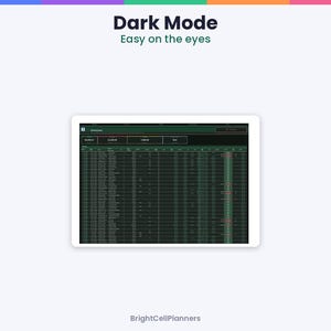 May include: A digital tablet displaying a spreadsheet interface in dark mode with a black background and green text. The screen shows the text Dark Mode Easy on the eyes at the top and BrightCellPlanners at the bottom.