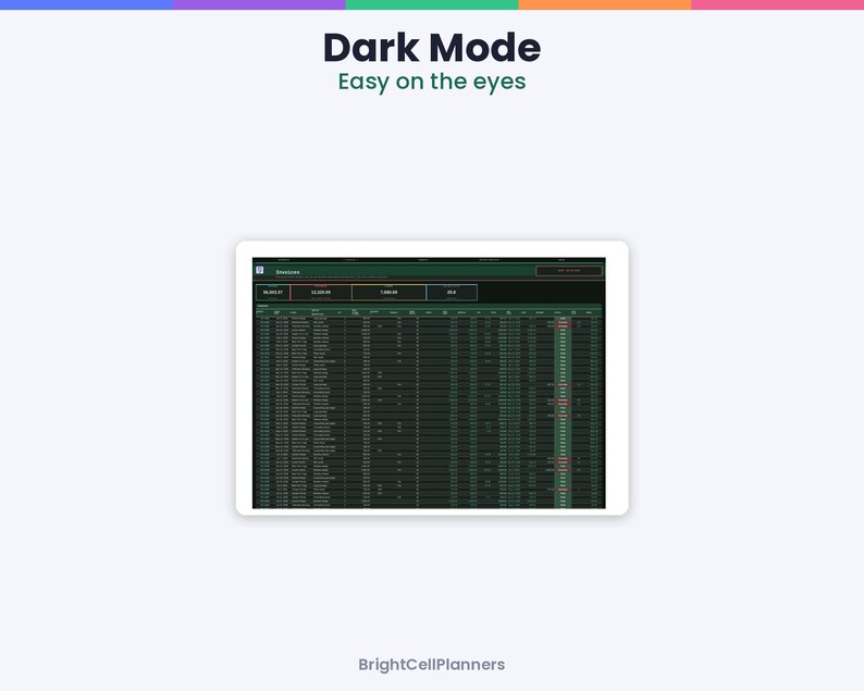 May include: A digital tablet displaying a spreadsheet interface in dark mode with a black background and green text. The screen shows the text Dark Mode Easy on the eyes at the top and BrightCellPlanners at the bottom.