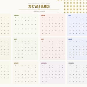 May include: A digital 2027 calendar planner page titled 2027 AT A GLANCE. It features twelve monthly grids in pastel colors, organized in a three-by-four layout. A vertical navigation sidebar on the right lists index, year, setup, and dashboard.