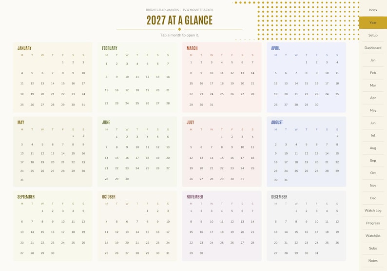 May include: A digital 2027 calendar planner page titled 2027 AT A GLANCE. It features twelve monthly grids in pastel colors, organized in a three-by-four layout. A vertical navigation sidebar on the right lists index, year, setup, and dashboard.