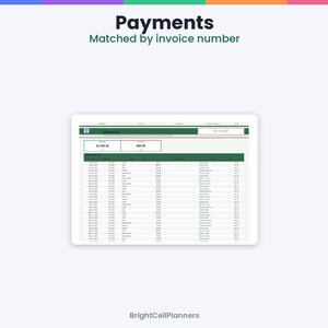 May include: A digital spreadsheet interface titled Payments Matched by invoice number, featuring a dark green header, a table with multiple columns of financial data, and a summary box displaying numerical values on a white background.