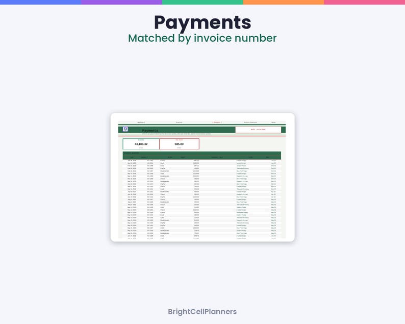 May include: A digital spreadsheet interface titled Payments Matched by invoice number, featuring a dark green header, a table with multiple columns of financial data, and a summary box displaying numerical values on a white background.