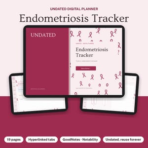 May include: An undated digital planner for endometriosis tracking displayed on tablet screens. The cover features a deep red side and a light pink side with a pattern of small pink ribbons. Text includes Endometriosis Tracker.