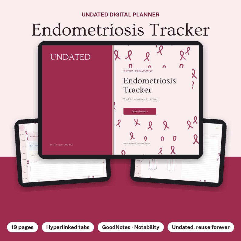 May include: An undated digital planner for endometriosis tracking displayed on tablet screens. The cover features a deep red side and a light pink side with a pattern of small pink ribbons. Text includes Endometriosis Tracker.