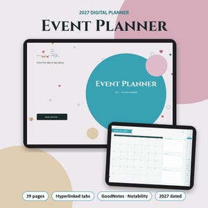 Puede incluir: Un planificador de eventos digital 2027 en dos tabletas. La pantalla grande muestra un c&iacute;rculo azul verdoso con el texto Event Planner y 2027 Digital Planner. La pantalla peque&ntilde;a muestra una p&aacute;gina de calendario de enero 2027 con pesta&ntilde;as.