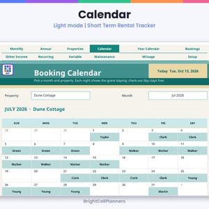 K&ouml;nnte beinhalten: Eine digitale Buchungskalender-Oberfl&auml;che f&uuml;r Kurzzeitvermietungen mit hellem Layout und t&uuml;rkisfarbenen Kopfzeilen. Sie zeigt eine Monatsansicht f&uuml;r Juli 2026 mit Gastnamen wie Taylor, Clark, Walker und Young an bestimmten Daten.